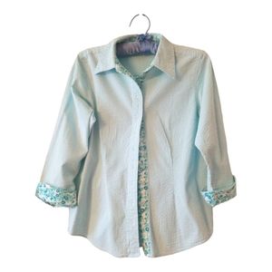 Aqua Seersucker Gingham Button Up Shirt with Contrast Floral Print & 3/4 Sleeve